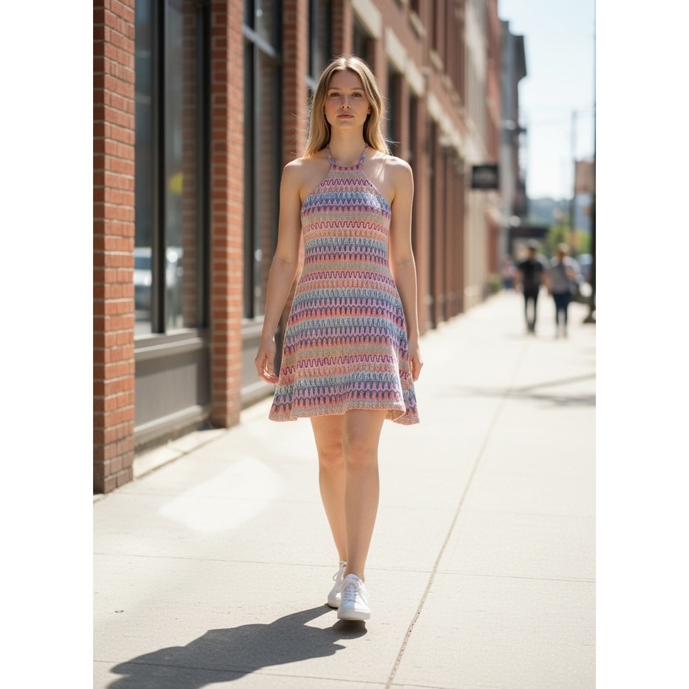 H&M Divided Pink Blue Zigzag Chevron Halter Mini Dress XS Metallic Knit Lined